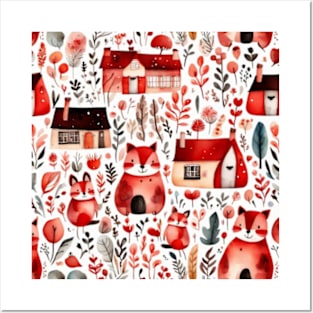 Red houses red village red animals Posters and Art